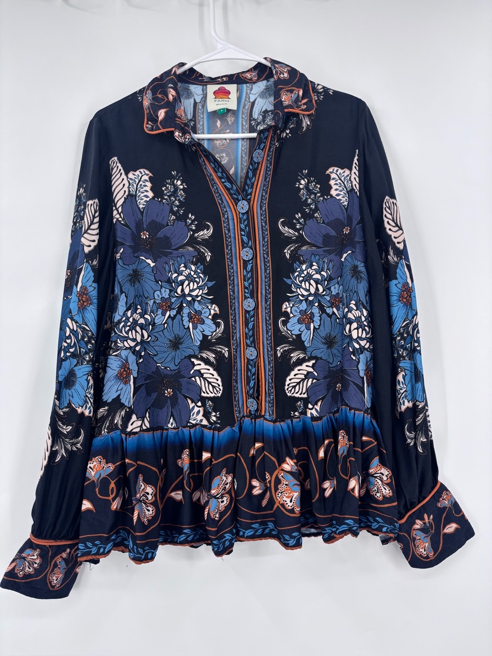 FARM Rio Navy Floral Button-Front Blouse with Blue & Cream Accents